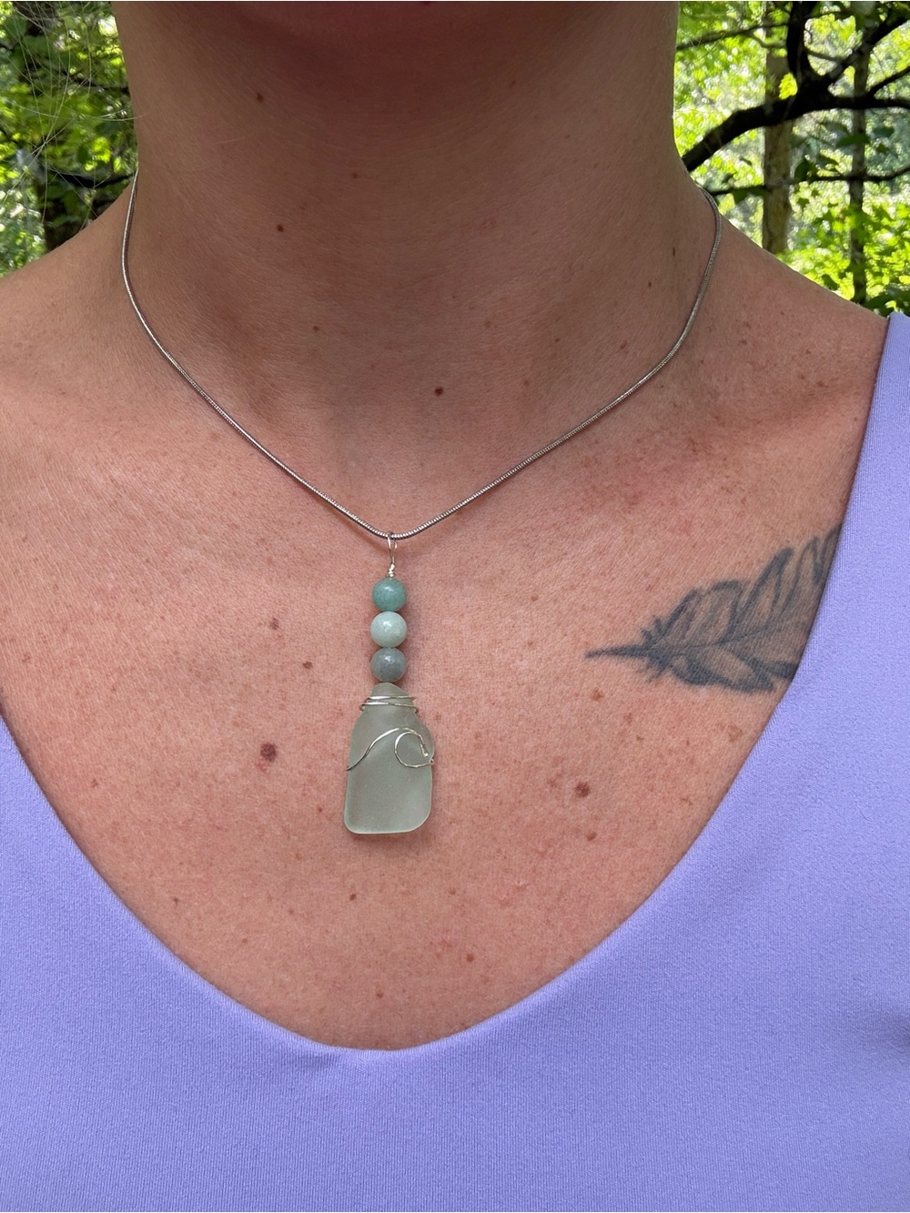 Handwrapped Sea Glass Pendant Necklace with Aqua Beads - Silver Tone